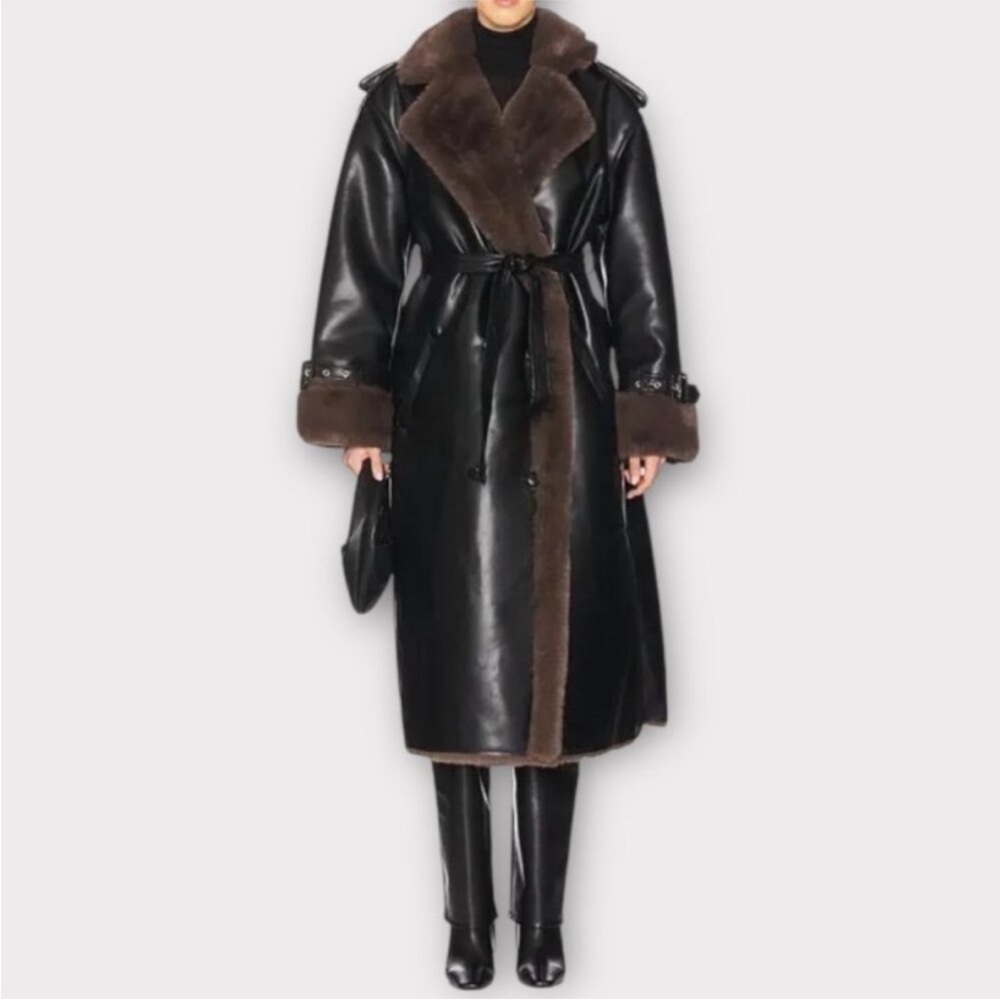 NEW! WeWoreWhat Women's Black Faux Leather Trench Coat with Brown Faux Fur Trim